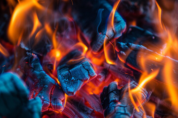 The intricate dance of flames at the heart of a campfire, with hues of orange, red, and blue intermingling against a backdrop of darkness.
