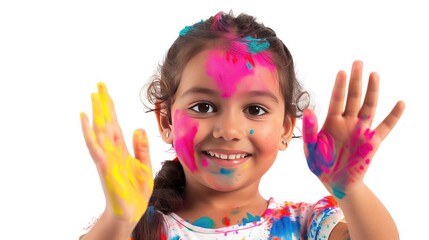 Happy Holi Greeting - Cute little Indian girl with colourful hands, isolated over white background