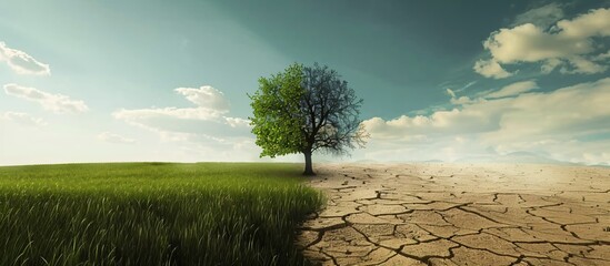 tree in the middle of an empty field half green grass and other side is dry land