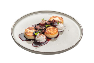 cheesecakes with grape sauce on a plate, transparent background, cut out