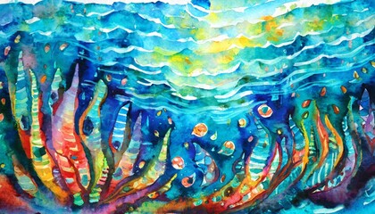 Obraz na płótnie Canvas handmade watercolor abstract background with bright and colorful textural elements depicting an underwater world this modern painting showcases a sea pattern