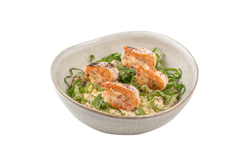 porridge with shrimp and herbs, transparent background, cut out