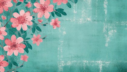 textured shabby chic scrapbook paper background with pink flowers on a distressed teal background