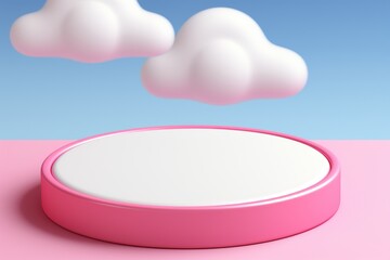 White and pink round podium with stunning clouds and blue sky background, ideal for product showcase