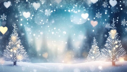 Fototapeta na wymiar st valentine s day winter blurred background with glowing hearts xmas trees with snow holiday festive background widescreen backdrop new year winter art design with snowflakes nature scene