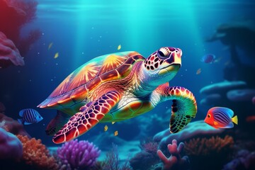 Fototapeta na wymiar Beautiful majestic sea turtle gracefully gliding through the colorful and vibrant underwater world