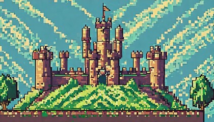 castle background video game style illustration castles towers 8 bit vintage computer graphics generated - obrazy, fototapety, plakaty