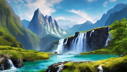 Fototapeta na wymiar fantasy landscape with a waterfall in the mountains 3d rendering