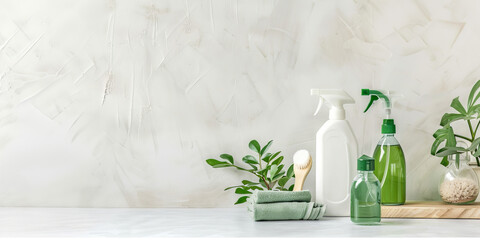 A minimalist array of eco-friendly cleaning supplies on a marble countertop - obrazy, fototapety, plakaty