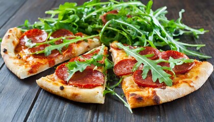 slices of pepperoni pizza with rocket salad on black background