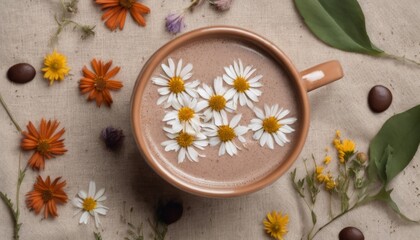 Obraz na płótnie Canvas Hot cocoa in a mug on a beige linen background among wildflowers