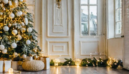 beautiful light background mock up for presentation with decorative white panels and decorate with hidden lighting parisian interior christmas wallpaper for photography or product showcase