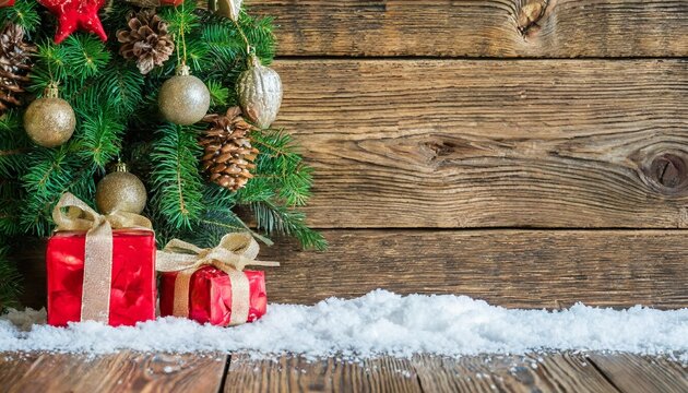 christmas tree and gifts are placed near white snow on the wooden background