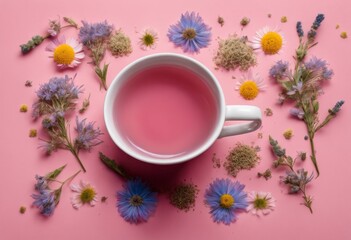 Obraz na płótnie Canvas Hot matcha tea in a glass on a pink background among wildflowers
