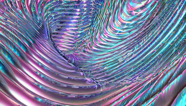abstract fractal geometric wavy background in blue pink purple holographic rainbow technology backdrop vibrant dynamic 3d render chrome wave effect for space disco party