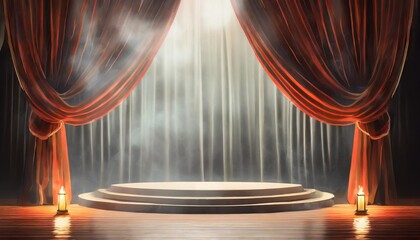 a candlelit theater stage with thin drapes and fog mock up