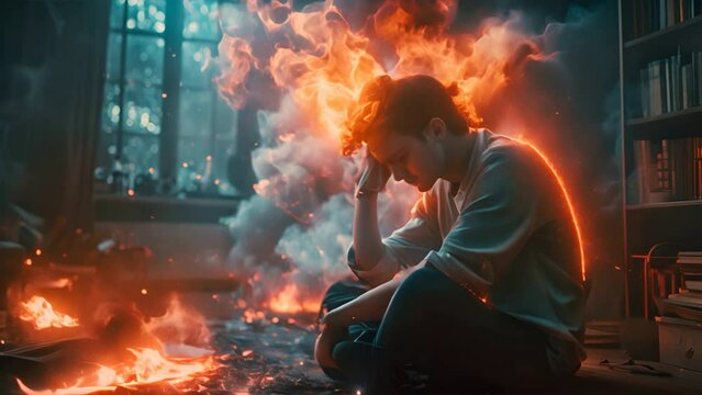 Portrait of inner turmoil: A man contemplates in flames, a visual metaphor for the anguish of living with anxiety,generative ai