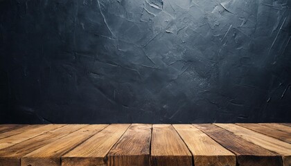 empty wooden oak tabletop with dark black cement stone background for product displayed in rustic mood and tone luxury background for product stand with empty copy space for party promotion