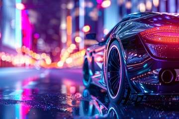 An abstract background featuring a luxury car against a city skyline at night, the city lights...