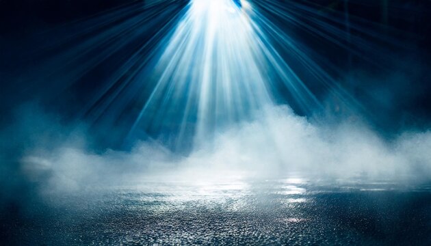 empty street scene background with abstract spotlights light night view of street light reflected on water rays through the fog smoke fog wet asphalt with reflection of lights
