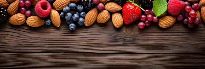 Forest berries and nuts on wooden background. Fresh and nutritious ingredients for healthy eating - obrazy, fototapety, plakaty