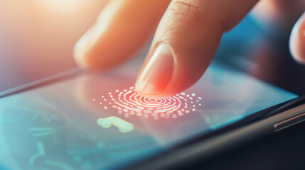 A person uses the fingerprint scanner on a smartphone to authenticate or make a payment. - obrazy, fototapety, plakaty