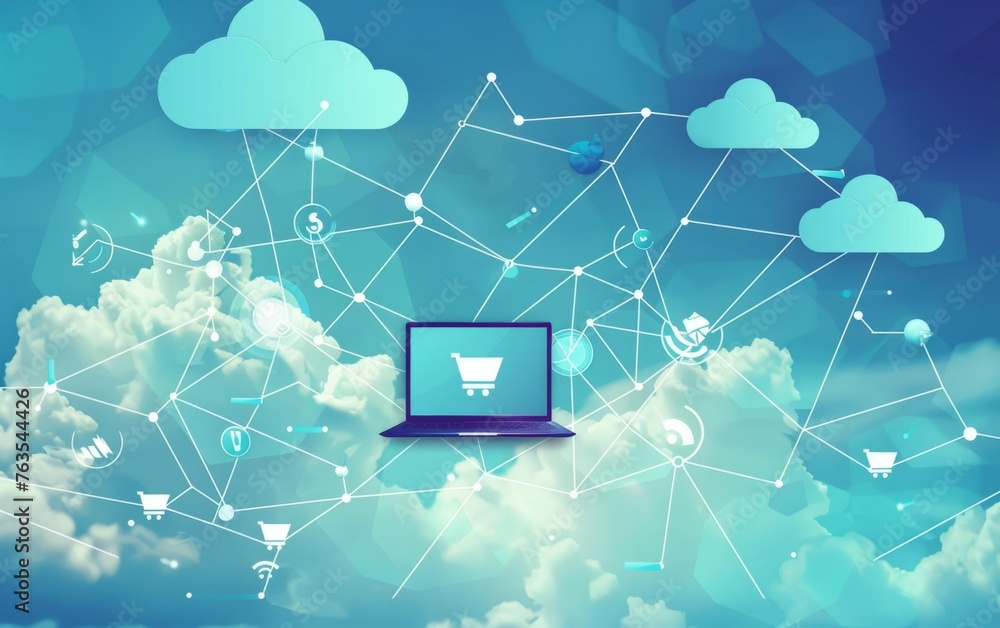 Poster a digital illustration of cloud computing, with icons for laptop and clouds interconnected on a blue