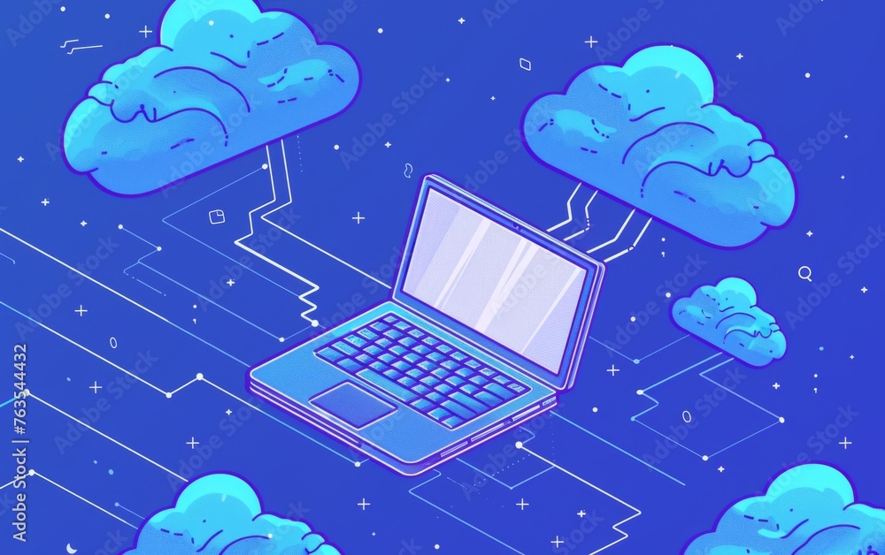 Poster a digital illustration of cloud computing, with a laptop and clouds connected in the style of data l
