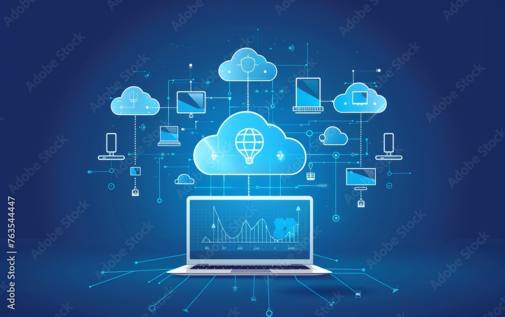 Poster a blue background with cloud icons connected in the style of each other and above the laptop, symbol