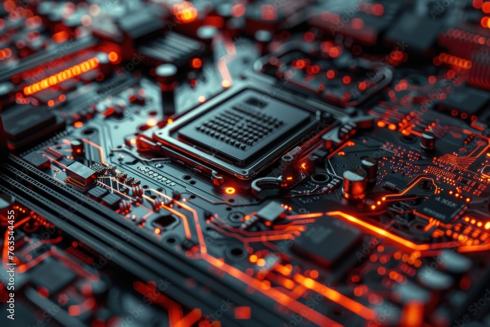 Poster a close up of a computer chip with a red glow. concept of technology and innovation, as well as the 