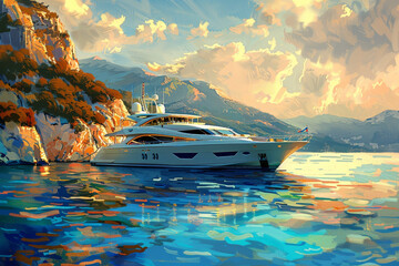 An abstract background featuring a luxury yacht anchored in a secluded bay - obrazy, fototapety, plakaty