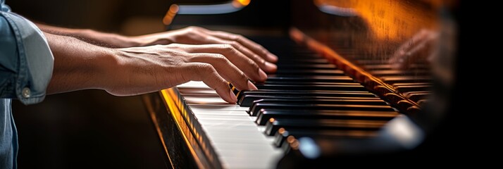 Close-up shot of a pianists hands playing the piano elegantly, with ample space for text