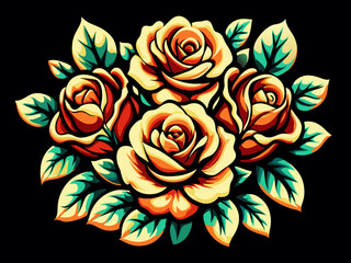 Mexico mexican roses for festival Cinco de mayo. Retro old school roses for chicano tattoo. Artistic illustration of fiery orange and red roses with stylized leaves against