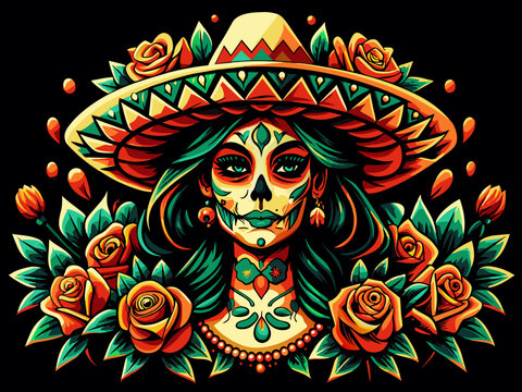 Mexican woman Mexico festive for festival dia de los muertos. sugar skull. Colorful vector illustration of la catrina with sombrero and roses, symbolizing mexican day of the dead