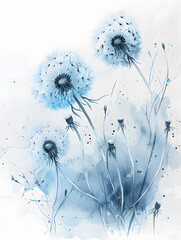 An illustration in electric blue watercolor paint of dandelions on a white background, featuring symmetry and delicate eyelashlike strokes. A circle of art capturing the beauty of nature