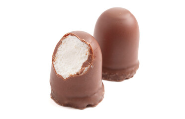 Milk Chocolate Covered Marhsmallows with a Waffer Base Known as Chocolate Kisses or Schokokuss Isolated on a White Background