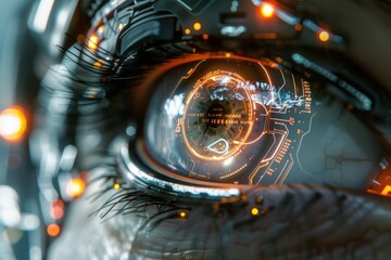 A close up of a person's eye with a glowing, futuristic design. The eye is surrounded by a ring of light, and the design seems to be made up of computer code