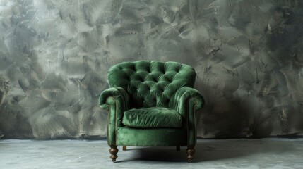 A stylish modern green armchair set against a grey backdrop. This piece of seating furniture exudes contemporary elegance. Radiating modern sophistication - obrazy, fototapety, plakaty