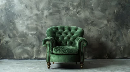 Fototapeten A stylish modern green armchair set against a grey backdrop. This piece of seating furniture exudes contemporary elegance. Radiating modern sophistication © Vladimir