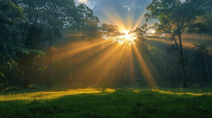 Fototapeta premium Sun Shining Through Trees in Forest