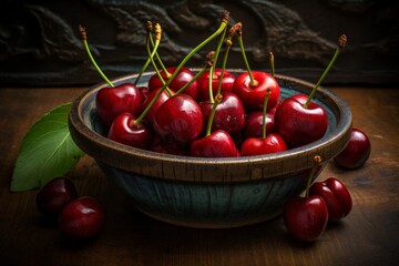 Fresh and juicy ripe red cherries in a beautiful bowl, healthy summer fruits display