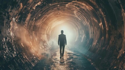 A businessman emerges from a dark tunnel into the light, signifying perseverance, breakthrough, and the journey towards success despite challenges