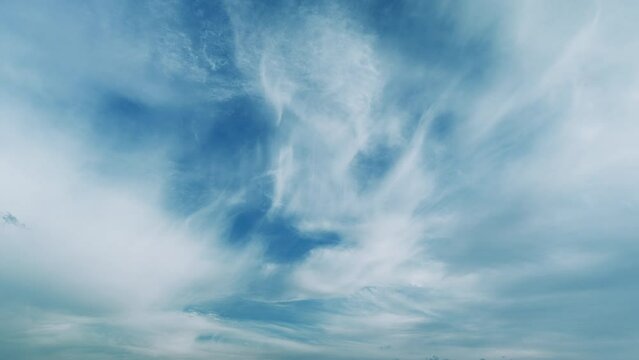 Blue Sky White Clouds. B-Roll Cloudscape Cloudy. Layer Of Clouds Moving In Blue Sky Moving Horizontal In Opposite Direction.