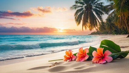 Coastal paradise illustration: Sandy beaches, turquoise waves, and colorful flowers creating a...