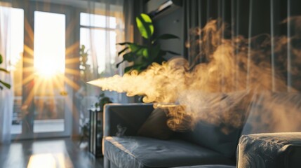 A depiction of an air freshener being sprayed, set against a home interior background, illustrating the concept of refreshing and cleansing the environment - obrazy, fototapety, plakaty