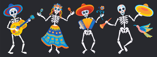 Naklejka premium The day of the Dead. Mariachi skeleton band with musical instruments and lettering.Vector Set on black background