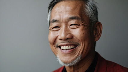 Happy old Asian man laughs.