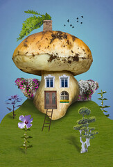 Eco home. Green house. Fantasy house at tree with surreal vintage background - art design or collage