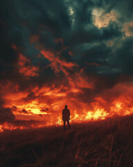 Fototapeta premium A man in a field with a burning bonfire at sunset