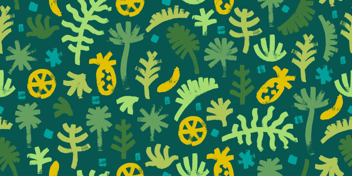Grunge exotic seamless pattern. Endless wallpaper. Exotic palm leaves, palms, pineapple, lemon.